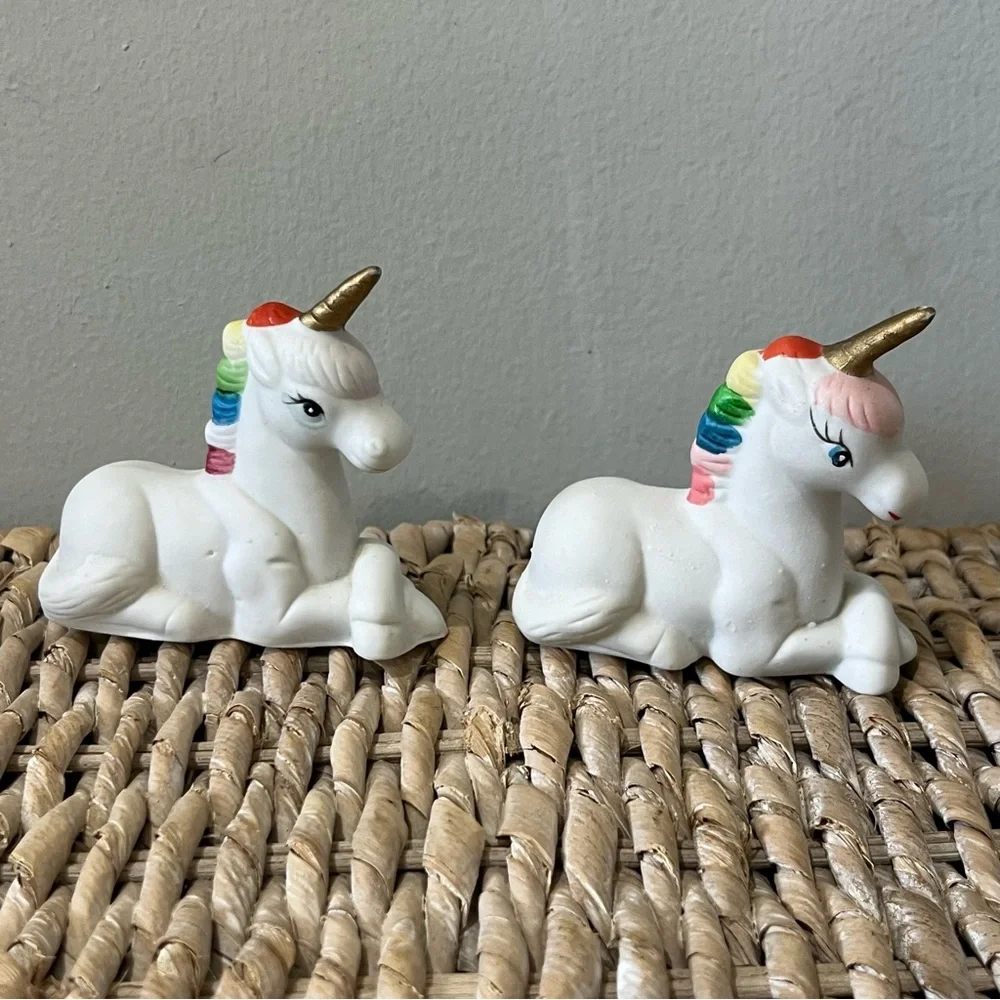 Vintage Enesco Pair Set of 2 Unicorns Rainbow Mane 3